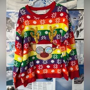 Women's Rainbow Reindeer Holiday Sweater - Multicolor